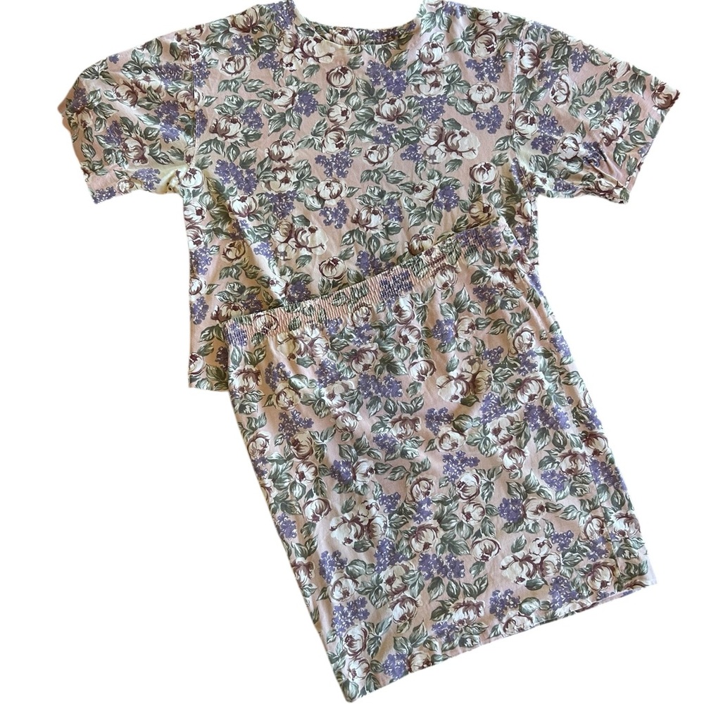 Vintage 90s Floral Print Two-Piece Skirt Set Boxy Top Pink Cotton Capacity Knits
